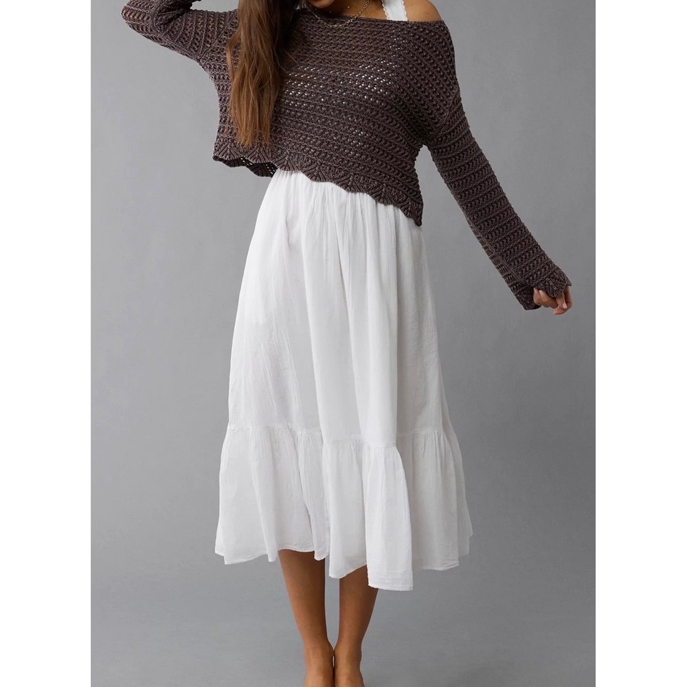 American Eagle Outfitters Brown Open Chunky Knit Ballet Neck Cropped Sweater XL